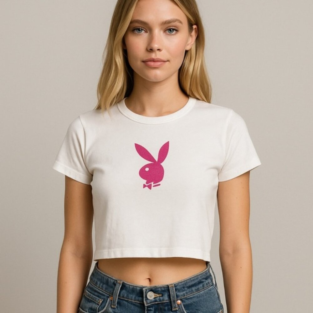 Y2k original Playboy White Tee with Pink Bunny Logo baby tee
